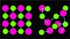 Fig 1. Depiction of the structured atomic arrangement of a crystal (left) and the disorganized atomic arrangement of amorphous glass (right). The pink and green circles represent atoms, and the blue lines represent atomic bonds.